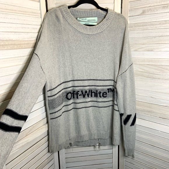 Off-White Men’s Light Gray Distressed Knit Sweater Stripes Logo Embroidery L - Picture 1 of 15